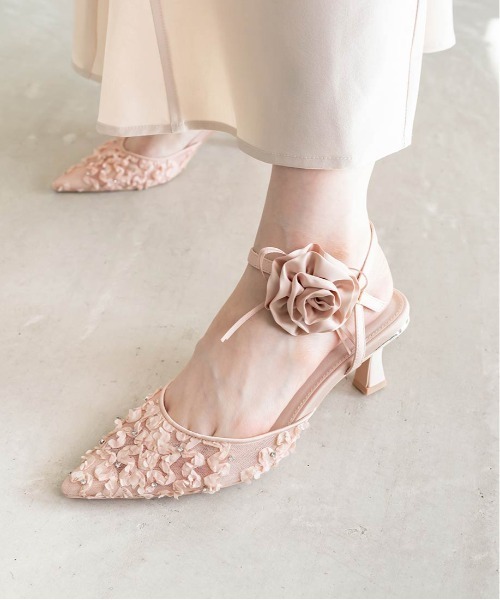【箱付き】RANDA　刺繍入りアンクルストラップパンプス/ピンク 箱付き】RANDA 刺繍入りアンクルストラップパンプス/ピンク