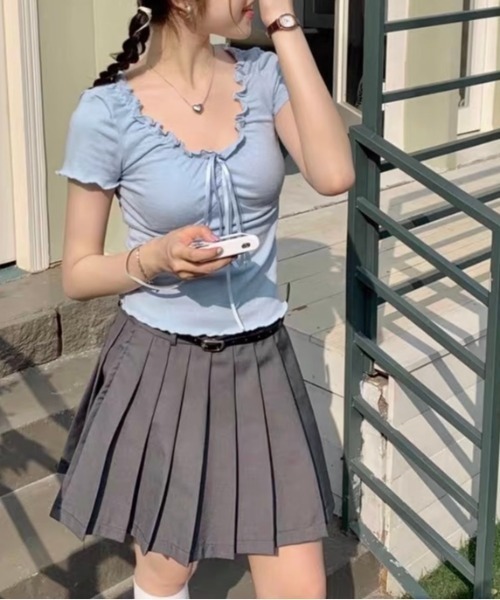 Tシャツ ラウンドネック パフスリーブ リボン 2COLOR セール】ラウンドネック スリムライン ソフトリブ 7分丈 Tシャツ