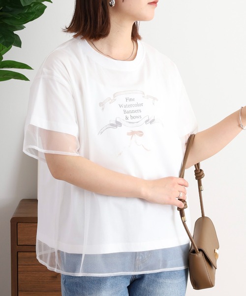 tシャツ Anna Nicola チュールレイヤード バレエコア リボンイラストプリント半袖Tシャツ レディース