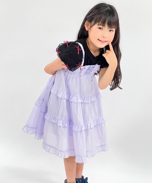 新品未使用　AS刺繍入り黒と紫のチェックワンピース 130cm axes femme（アクシーズ ファム） ワンピース 2WAYコットン