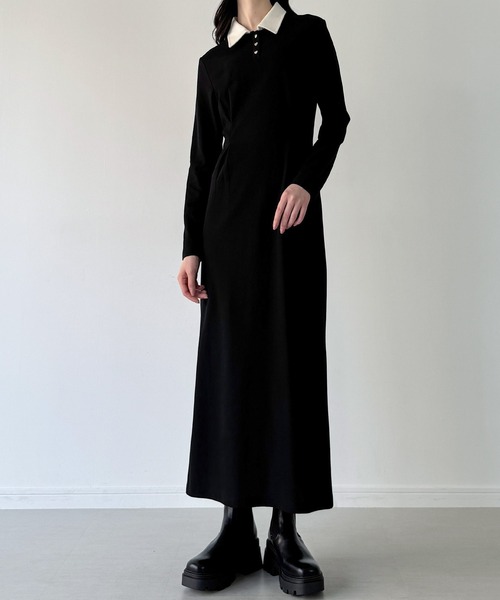 JUNOAH（ジュノア） ワンピース タックタイトポロシャツワンピース