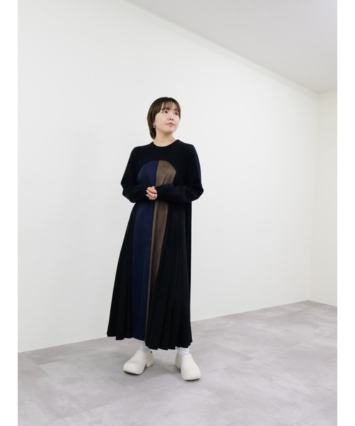 TEVALT ワンピース サイドプリーツ配色ニットワンピース : ZOZOTOWN
