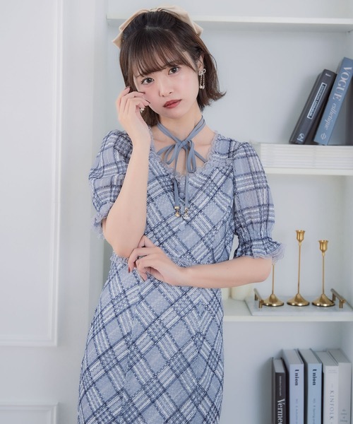 クチュールバイロジータ ワンピース 半袖 レーシーチェックワンピース