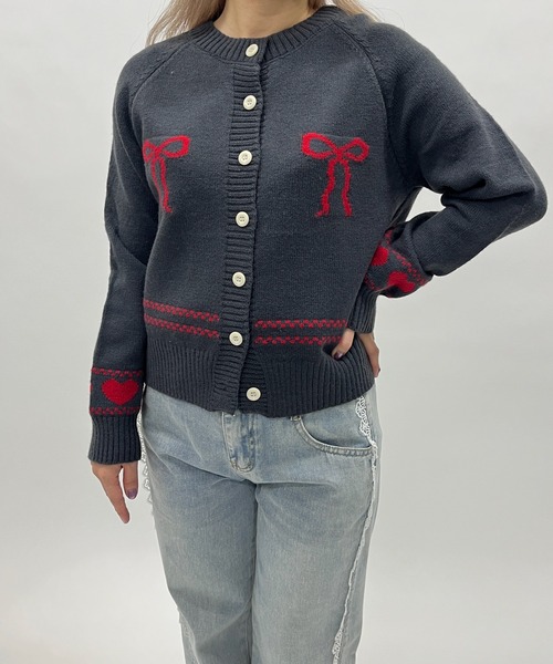 グレー ニットカーディガン S ハートモチーフ MORE self LOVE カーディガン ガーリーモチーフニットカーディガン