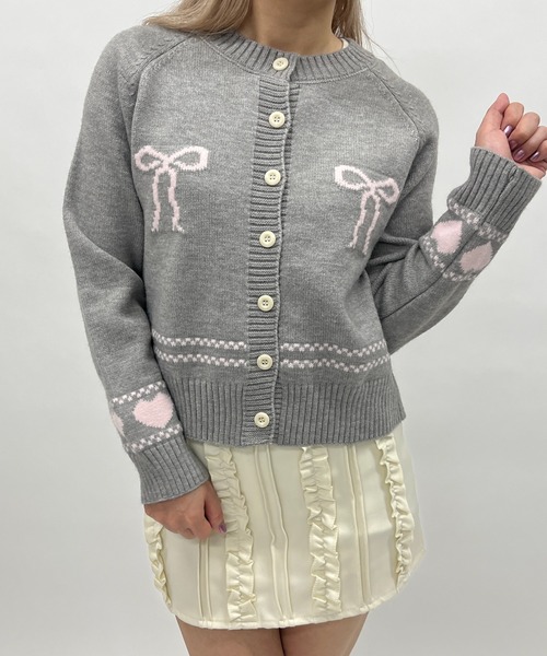 グレー ニットカーディガン S ハートモチーフ MORE self LOVE カーディガン ガーリーモチーフニットカーディガン