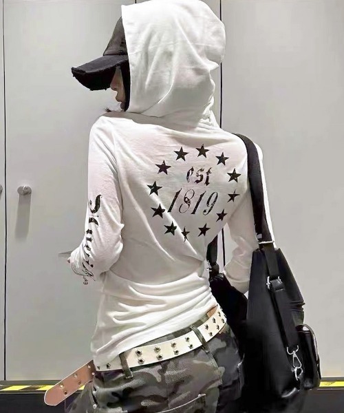 REMUR tシャツ フード付き袖ロゴプリントパーカー レディース 