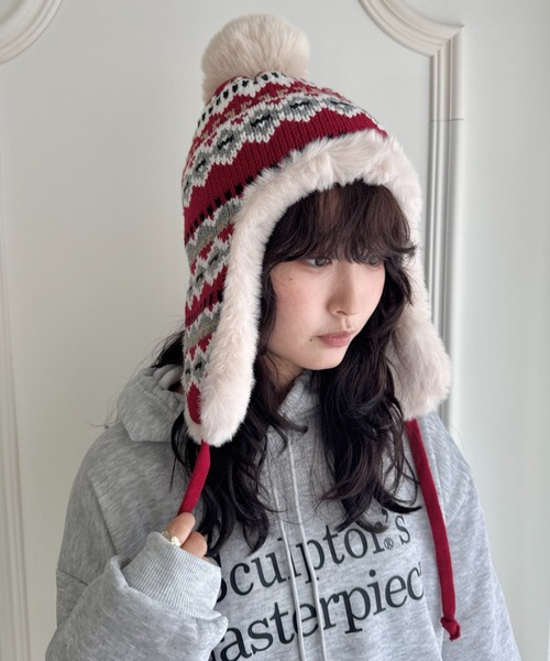 SOLLON.（ソルロン） ニット帽 ニットキャップ ノルディック柄イヤー