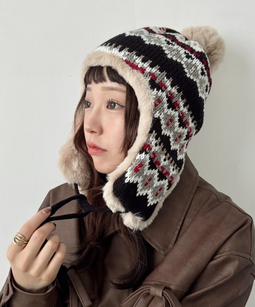 SOLLON.（ソルロン） ニット帽 ニットキャップ ノルディック柄イヤー