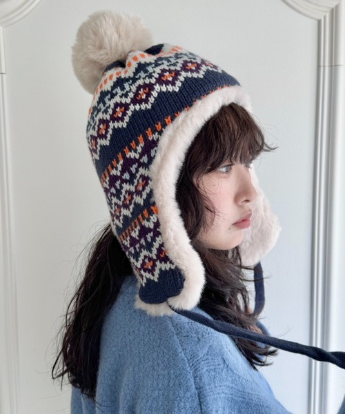 SOLLON.（ソルロン） ニット帽 ニットキャップ ノルディック柄イヤー