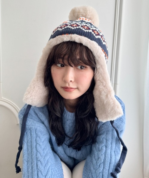 SOLLON.（ソルロン） ニット帽 ニットキャップ ノルディック柄イヤー