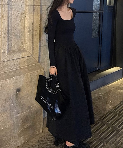 ワンピース スクエアネックドッキングロングワンピース : ZOZOTOWN