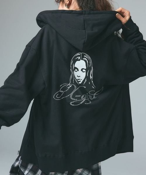 X-girl（エックスガール） パーカー RHINESTONE LOGO AND FACE ZIP UP