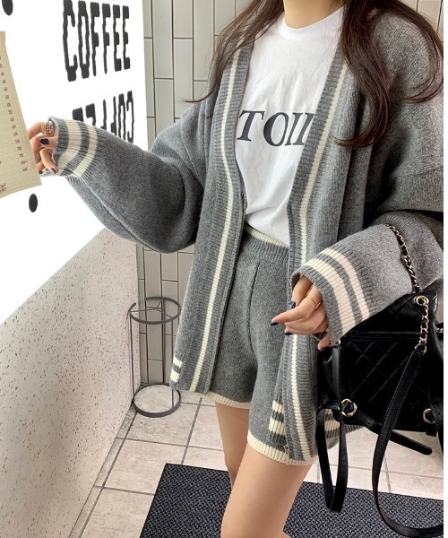 semuse カーディガン 2点セットアップ ラインニットカーディガン