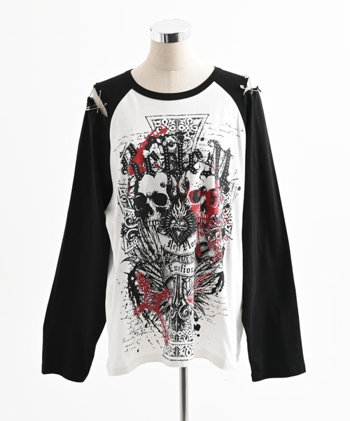 あ*.様 BEDROCK スカルデザイン 片袖プリント長袖カットソー ifラルク REFLEM（レフレム） tシャツ 「REFLEM/レフレム」スカルプリント