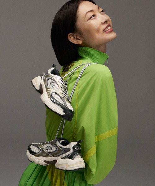 「LACOSTE」 ローカットスニーカー 24.5cm ホワイト×グリーン レディースの画像