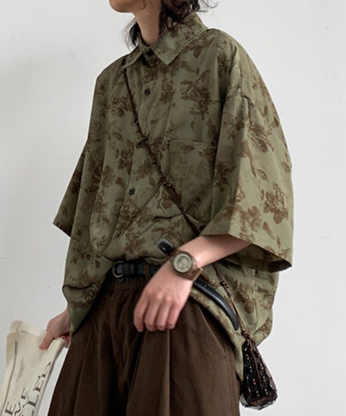 KELVIN シャツ 半袖 Botanical Pattern Oversized Shirt ボタニカル柄