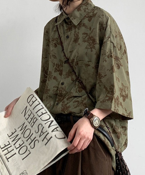 KELVIN シャツ 半袖 Botanical Pattern Oversized Shirt ボタニカル柄