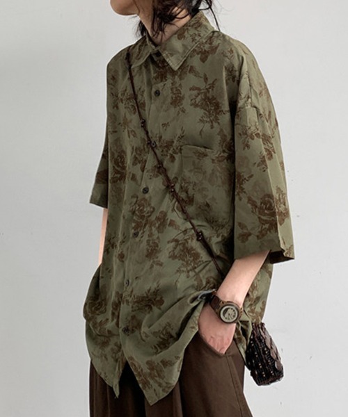 KELVIN シャツ 半袖 Botanical Pattern Oversized Shirt ボタニカル柄