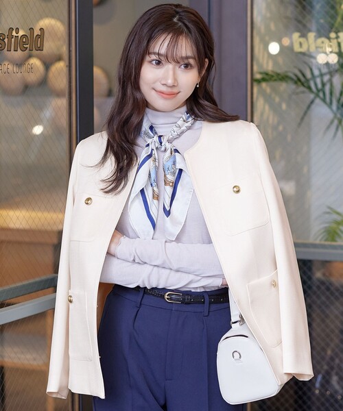 「Tiaclasse」 ノーカラージャケット 11号 ネイビー レディース_画像3