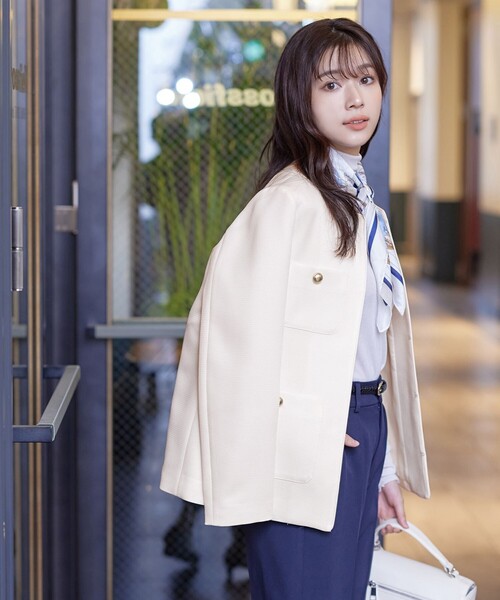 「Tiaclasse」 ノーカラージャケット 11号 ネイビー レディース_画像7