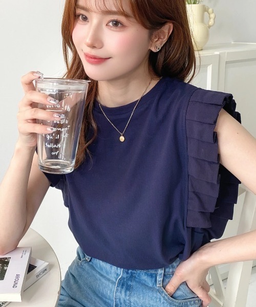 moment+ tシャツ ギャザーフリルノースリーブTシャツ レディース