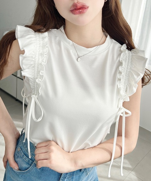 moment+ tシャツ ギャザーフリルノースリーブTシャツ レディース