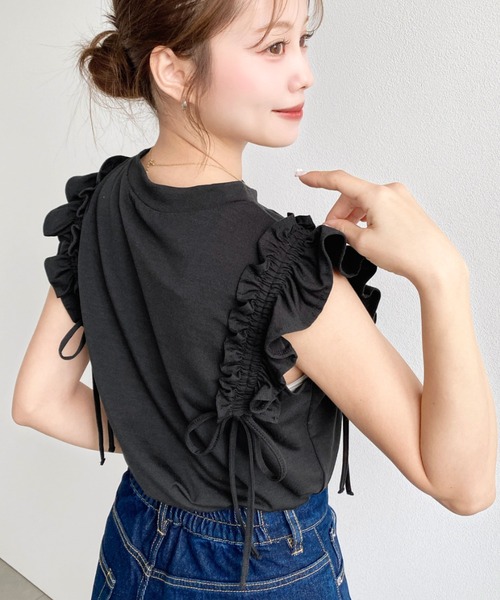 moment+ tシャツ ギャザーフリルノースリーブTシャツ レディース