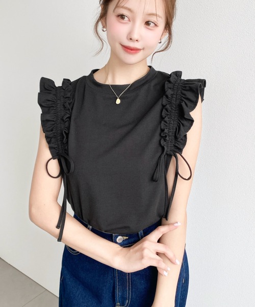 moment+ tシャツ ギャザーフリルノースリーブTシャツ レディース