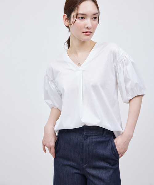 tシャツ 「洗える」クリア天竺Vネック5分袖カットソー レディース