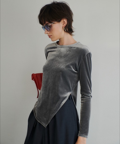 tシャツ ベロアアシメスリットプルオーバー レディース