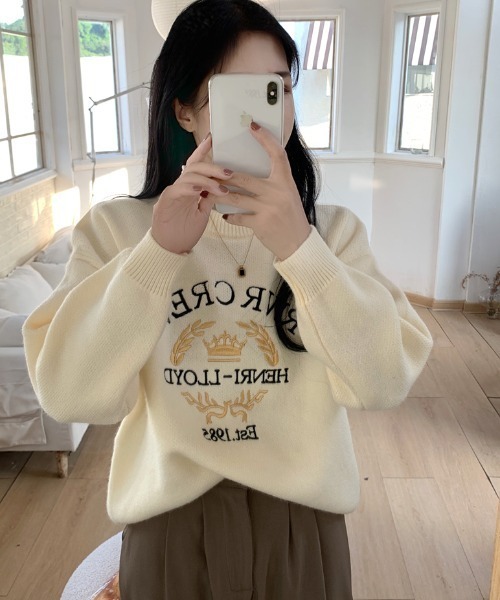 ニット セーター フロントロゴ刺繍ニットプルオーバー