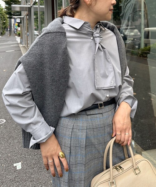 ブラウス シャツ リボンタイ パール釦シャツ レディース