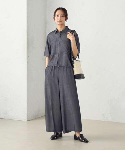 ブラウス シャツ デニム風ドロスト付き ショートシャツ / セットアップ対応 レディース COMME CA ISM ブラウス シャツ デニム風ドロスト付き ショート