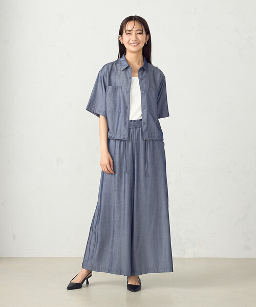 ブラウス シャツ デニム風ドロスト付き ショートシャツ / セットアップ対応 レディース COMME CA ISM ブラウス シャツ デニム風ドロスト付き ショート