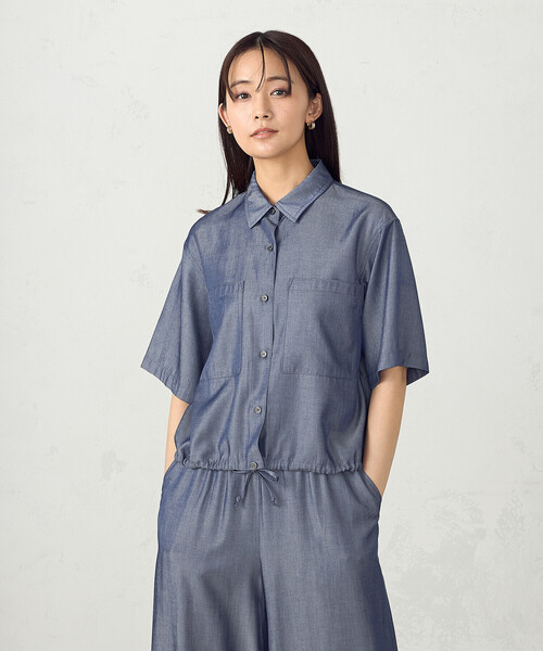 ブラウス シャツ デニム風ドロスト付き ショートシャツ / セットアップ対応 レディース COMME CA ISM ブラウス シャツ デニム風ドロスト付き ショート