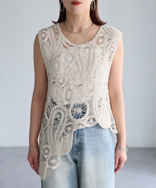 【50％OFF】 ベスト Riberry ジレ レディース かぎ編みアシンメトリーベスト トップス