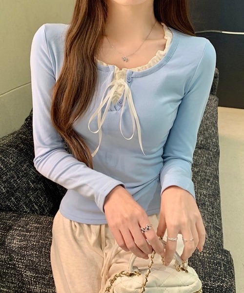 tシャツ フリルリボンフェイクレイヤードトップス レディース TITTY＆CO. tシャツ フロントフリルリボントップス レディース