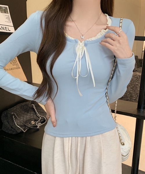 BIGリボンをアクセントに♡淡色でまとめたレディライクコーデ LADY LIKE（レディライク） tシャツ サテンリボンレイヤー風トップス