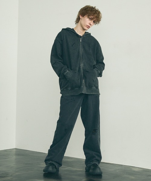 Shoowtime パーカー Pigment dye oversized distressed zip
