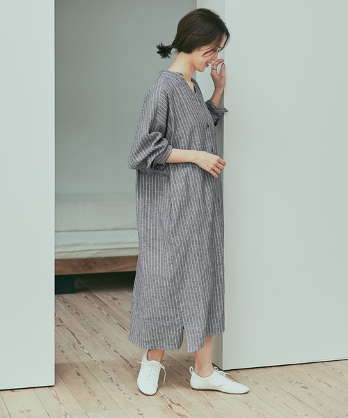 【アーバンリサーチドアーズ】リネンシャツワンピース　長袖　ストライプ　25SS アーバンリサーチドアーズ】リネンシャツワンピース 長袖