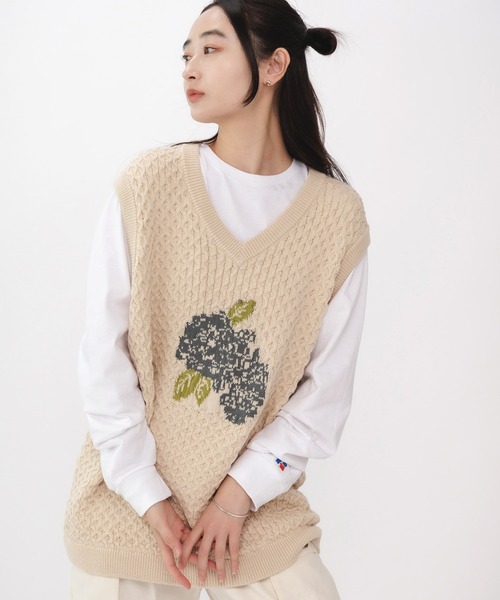 FREE MAX ベスト ジレ FREE MAX Flower Design Knit Vest 花柄 ニット