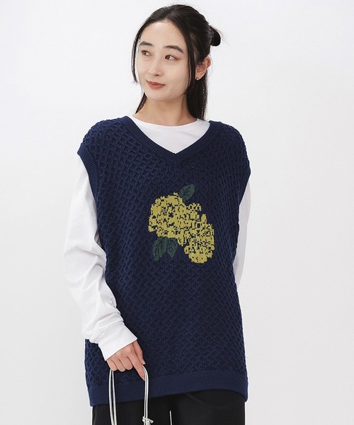 FREE MAX ベスト ジレ FREE MAX Flower Design Knit Vest 花柄 ニット