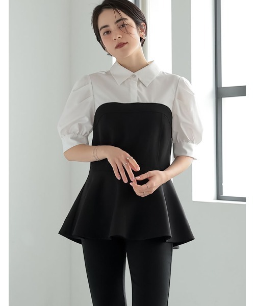 ブラウス シャツ 「2025SS COLLECTION」「MEISM by Re:EDIT」異素材ドッキングペプラムシャツブラウス レディース