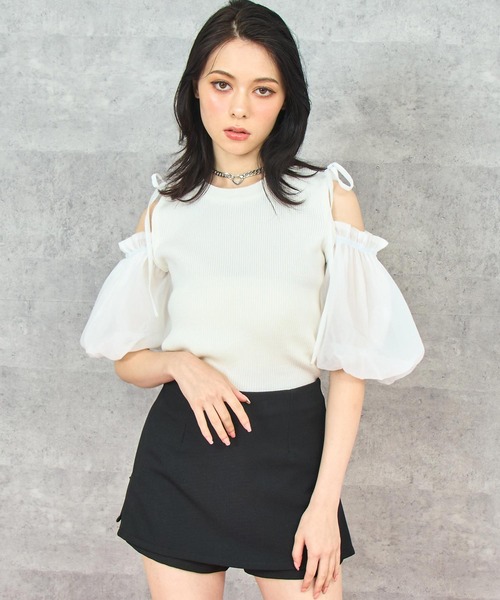 ANAP（アナップ） tシャツ オープン ショルダー パフスリーブ シフォン