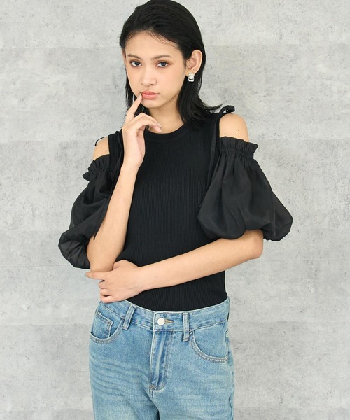 ANAP（アナップ） tシャツ オープン ショルダー パフスリーブ シフォン