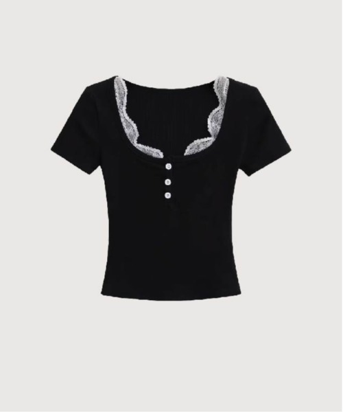 tシャツ Lace Stitching Square Collar Top レディース