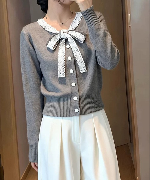 【♡新品未使用♡】リボン付き ベルスリーブレース編みボレロカーディガン 38 MAISON DE THERESE（メゾン ド テレーズ） カーディガン レース紐