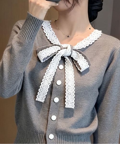 サカイ グレーカーディガン レース×リボンモチーフ付き MAISON DE THERESE（メゾン ド テレーズ） カーディガン レース紐