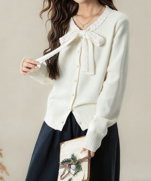 【♡新品未使用♡】リボン付き ベルスリーブレース編みボレロカーディガン 38 MAISON DE THERESE（メゾン ド テレーズ） カーディガン レース紐