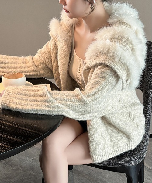 semuse カーディガン ビック衿ファーニットカーディガン レディース